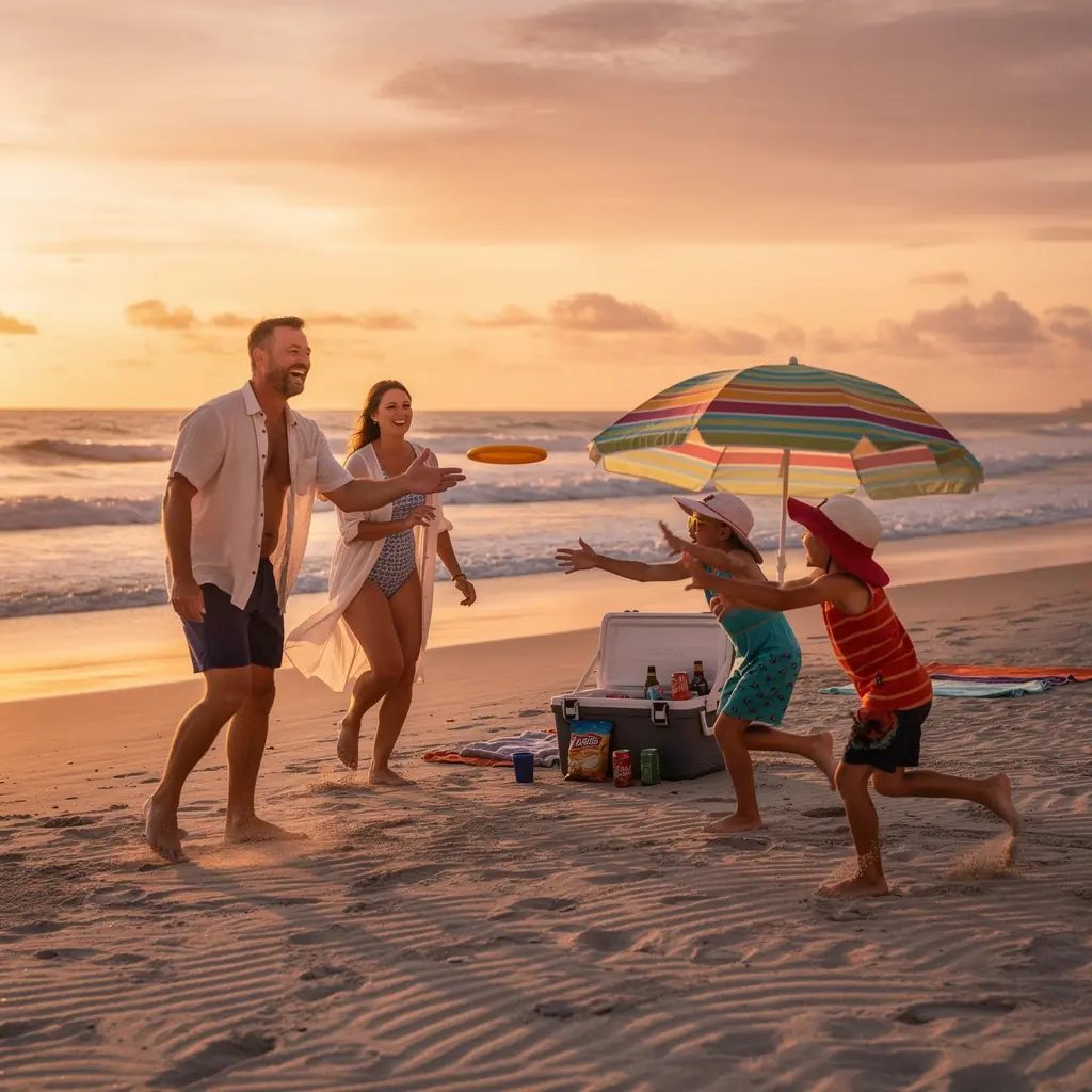 Семья, наслаждающаяся пикником в парке с красивым видом на природу.